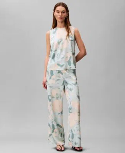 Calvin Klein Womens Satin Printed Sleeveless Top Printed Pull On Wide Leg Pants In Neutral