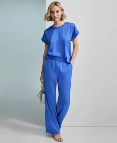 Calvin Klein Womens Satin Short Sleeve Top Wide Leg Pant In Dazzling Blue