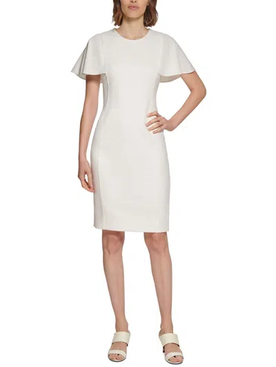 Calvin Klein Womens Scuba Flutter Sleeves Sheath Dress In White