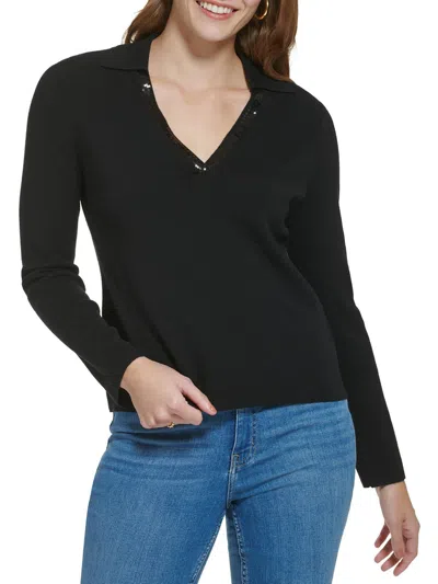 Calvin Klein Womens Sequined Collared V-neck Sweater In Black
