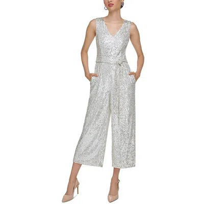 Calvin Klein Womens Sequined Cropped Jumpsuit In Silver