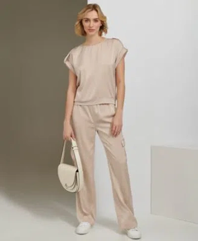Calvin Klein Womens Short Sleeve Satin Top Wide Leg Cargo Pant In Brown