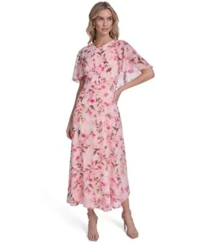 Calvin Klein Womens Short Sleeve Smocked Printed Dress In Pink