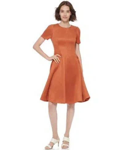 Calvin Klein Womens Short Sleeve Suede Fit Flare Dress In Orange