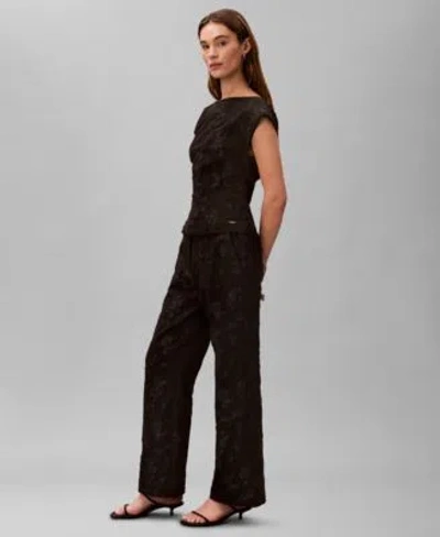 Calvin Klein Womens Short Sleeve Top Womens Floral Straight Leg Pants In Black Floral Cuttings Cloque Jacquard