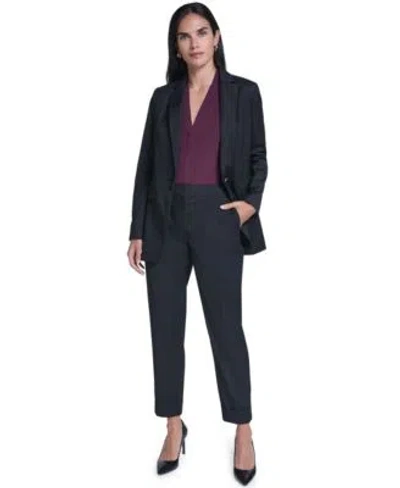 Calvin Klein Womens Single Button Notch Collar Stripe Blazer Rolled Cuff Straight Leg Pants In Blue