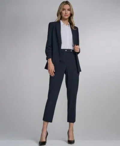 Calvin Klein Womens Sleeveless Collared Blouse With Pleated Front Open From Ruched Sleeve Jacket Slim Leg Pant In Blue