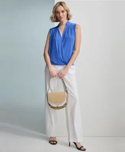 Calvin Klein Womens Sleeveless Faux Wrap Top Wide Leg Linen Pants In White