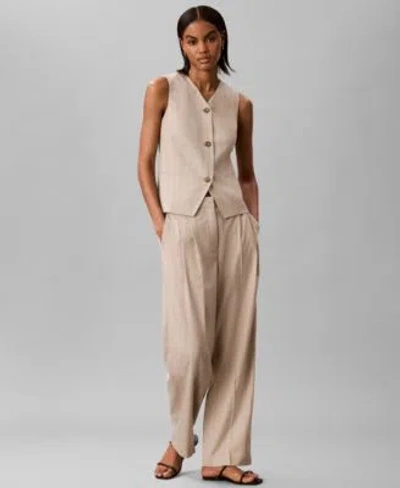 Calvin Klein Womens Sleeveless V Neck Tailored Vest Mid Rise Pinstripe Wide Leg Pants In Neutral