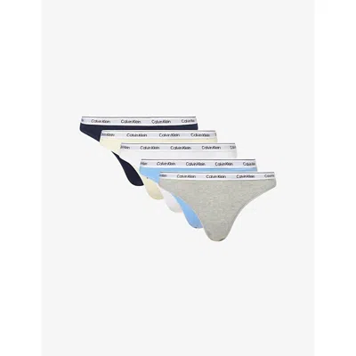 Calvin Klein Womens Sline/blu/grey/sorb/wht Icon Logo Pack Of Five Cotton-jersey Thongs In Multi