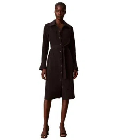 Calvin Klein Womens Snap Front Long Sleeve Midi Shirt Dress In Brown