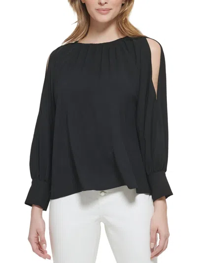 Calvin Klein Womens Split Sleeve Elastic Neck Blouse In Black