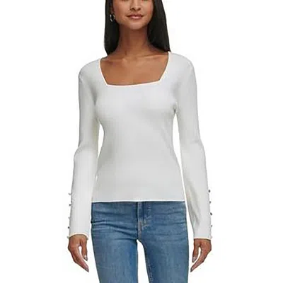 Calvin Klein Womens Square Neck Button Trim Pullover Sweater In White