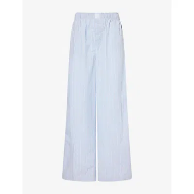 Calvin Klein Womens Striped Logo-patch Cotton Trousers Bespoke Stripe+plein Air Xl In Blue