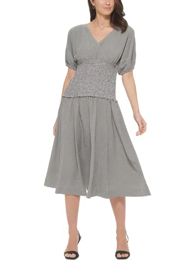 Calvin Klein Womens Surplice Puff Sleeves Midi Dress In Grey