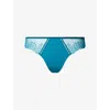 Calvin Klein Womens Teal Marine Geo Lace Stretch-woven Thong Xs In Blue