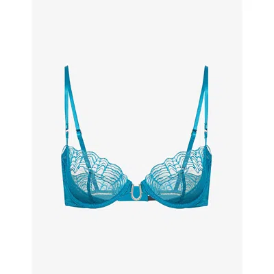 CALVIN KLEIN WOMENS TEAL MARINE GEO UNDERWIRED LACE BRALETTE