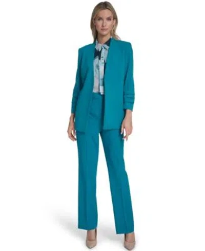 Calvin Klein Womens Textured Ruffle Neckline Top Open Front Ruched Sleeve Jacket Modern Fit Pant In Blue