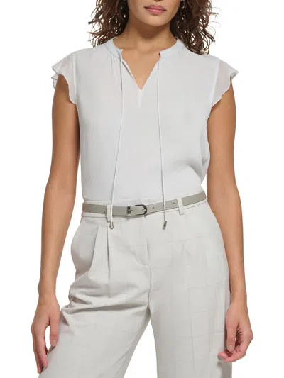 Calvin Klein Womens Tie Neck Flutter Sleeve Blouse In White