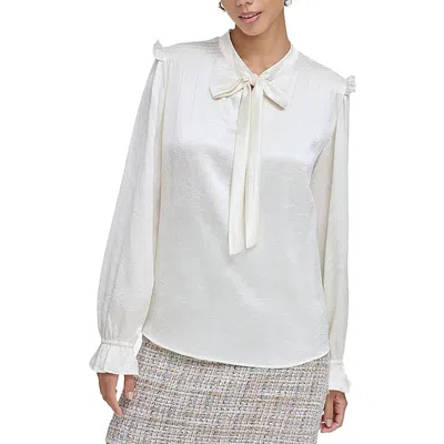 Calvin Klein Womens Tie Neck Ruffled Blouse In Cream
