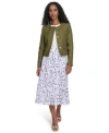 Calvin Klein Womens Tweed Collarless Button Front Jacket Crewneck Ruched Sleeve Top Printed Pleated Pull On Midi 