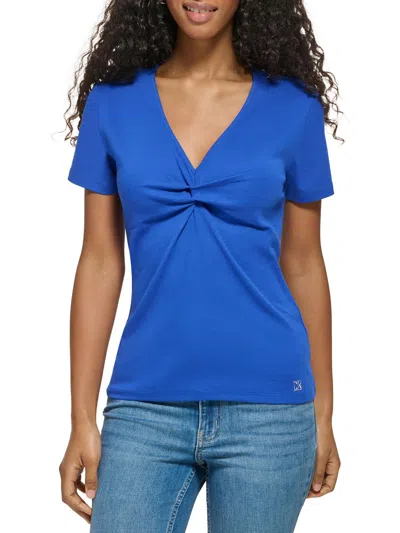 Calvin Klein Womens Twisted V-neck Pullover Top In Blue