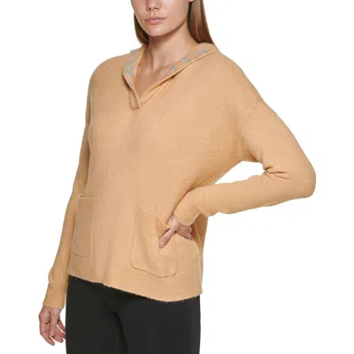 Calvin Klein Womens V Neck Logo Hooded Sweater In Gold