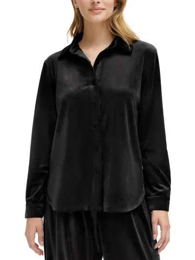 Calvin Klein Petite Velour Button-up Shirt In Black