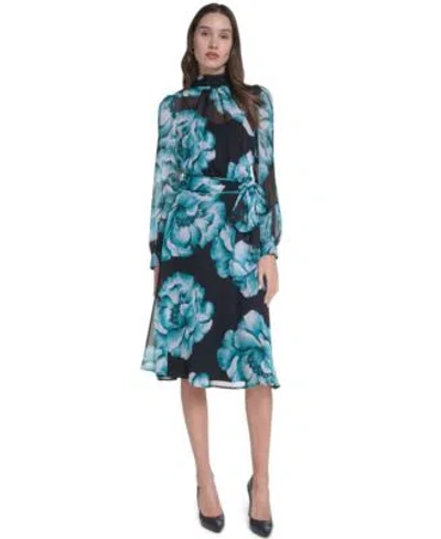 Calvin Klein Womens Wedding Guest Floral Print Long Sleeve Chiffon Midi Dress In Black