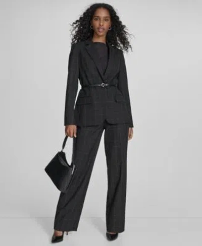 Calvin Klein Womens Windowpane Print Belted Blazer Wide Leg Windowpane Print Pants In Black,cream
