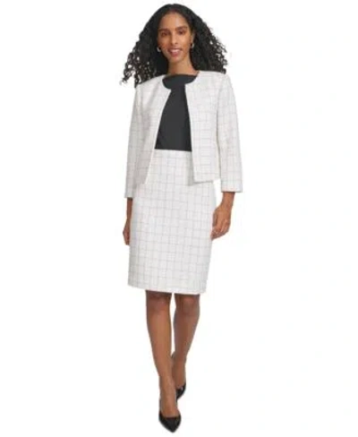 Calvin Klein Womens Windowpane Print Tweed Jacket Pencil Skirt In White