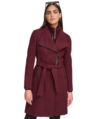 Calvin Klein Womens Wool Blend Belted Wrap Coat, Created For Macys In Burgundy