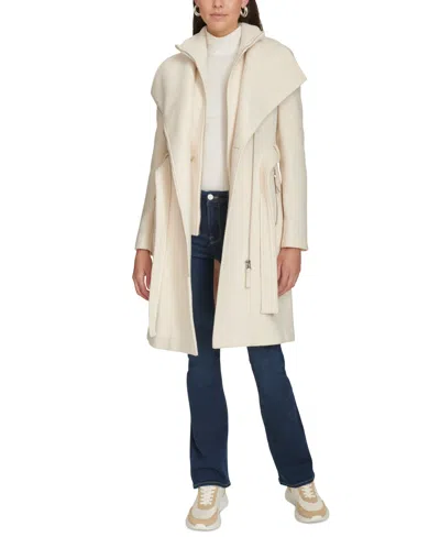Calvin Klein Womens Wool Blend Belted Wrap Coat, Created For Macys In Nude