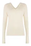 Calvin Klein Wool V-neck Sweater With Ribbed Knit In Neutral