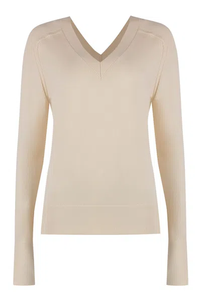 Calvin Klein Wool V-neck Sweater In Panna