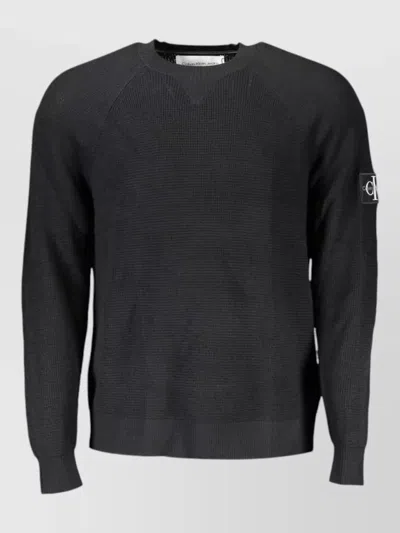 Calvin Klein Wool Waffle-knit Long-sleeve Crew-neck Sweater In Black