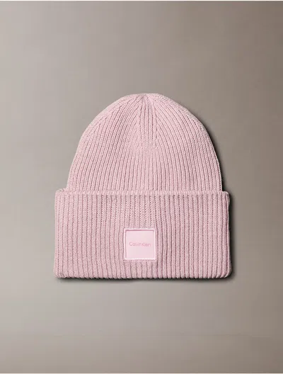 Calvin Klein Woven Logo Patch Beanie In Pink