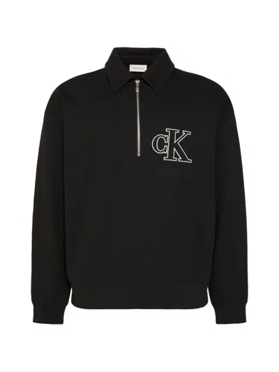 Calvin Klein Zipped Collared Polo Shirt In Black