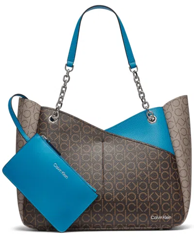 Calvin Klein Zoe Chain Large Tote Bag In Corsica,brown Khaki,alm Taupe