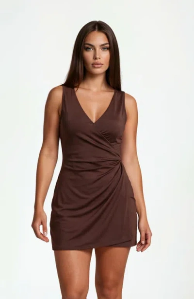 Calypsa Alana Wrap-style Swim Dress With Hidden Bottoms And Adjustable Straps In Brown