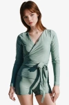 Calypsa Avery 2-piece Long Sleeve Wrap Swim Set With Reversible Top And Tummy Control Shorts In Green