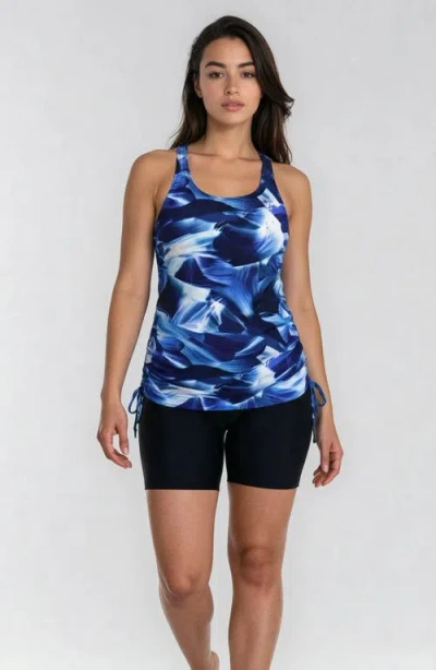 Calypsa Maya Tankini Swim Top With Removable Cups And Black Mid-thigh Swim Shorts In Blue