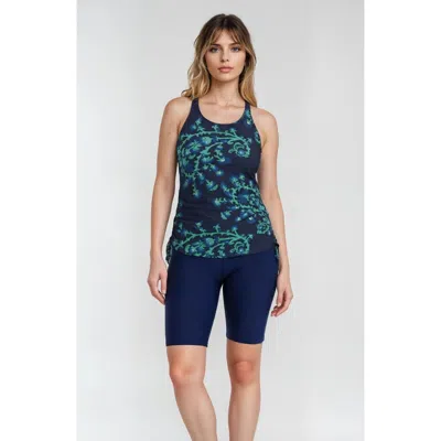 Calypsa Maya Tankini Swim Top With Built-in Bra And Navy Long Bike Swim Shorts In Blue