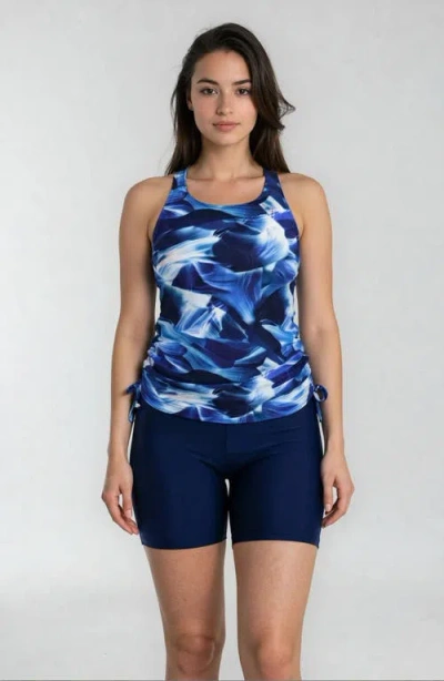 Calypsa Maya Tankini Swim Top With Removable Cups And Navy Mid-thigh Swim Shorts In Blue