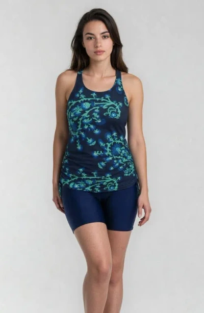 Calypsa Maya Tankini Swim Top With Removable Cups And Navy Mid-thigh Swim Shorts In Blue