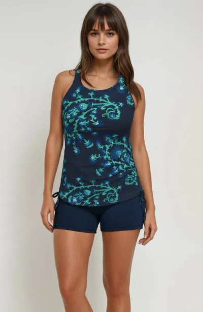 Calypsa Maya Tankini Swim Top With Removable Cups And Navy Swim Shorts Set In Blue