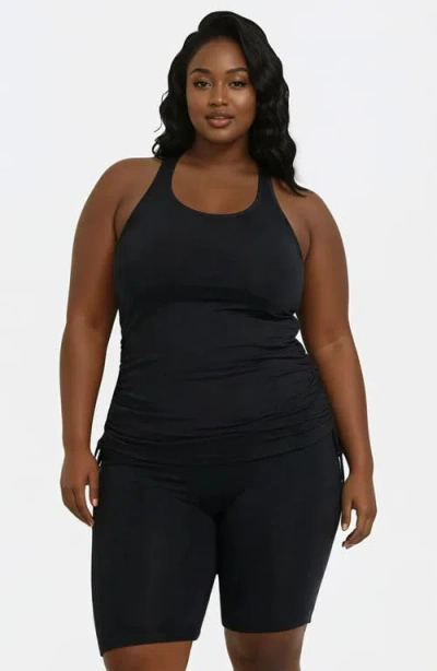 Calypsa Plus Maya Tankini Swim Top With Built-in Bra And Black Long Bike Swim Shorts