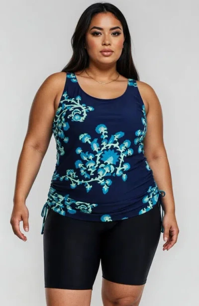 Calypsa Plus Maya Tankini Swim Top With Built-in Bra And Black Long Bike Swim Shorts In Blue