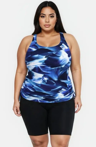 Calypsa Plus Maya Tankini Swim Top With Built-in Bra And Black Long Bike Swim Shorts In Blue