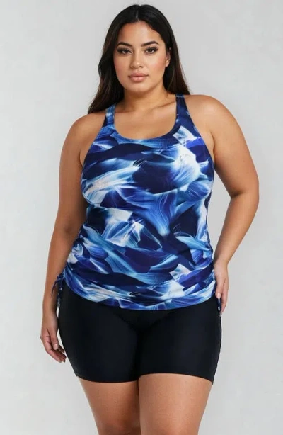 Calypsa Plus Maya Tankini Swim Top With Built-in Bra And Black Mid-thigh Swim Shorts In Multi